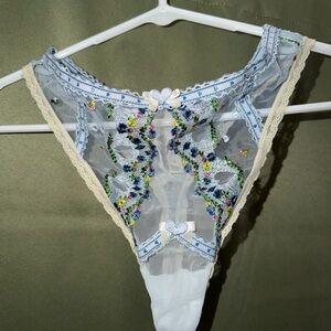 For Love & Lemons Midsummer Heart Embroidered Thong Panty in light blue